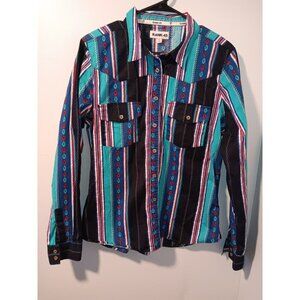 Womens XL Rare Rank 45 Teal Red Blue Striped Southwestern Western Riding Top